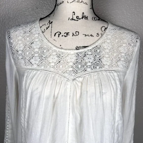 Hinge Sz S 3/4 Sleeve Sweetheart Lace Bodice Blouse White Lace Accents Boho - Picture 5 of 13